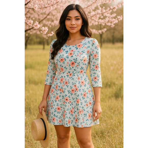 LOFT Dresses & Skirts - LOFT Floral Mini Dress | Size 4 | Soft Blue‎ Pink Bloom | Cottagecore Spring